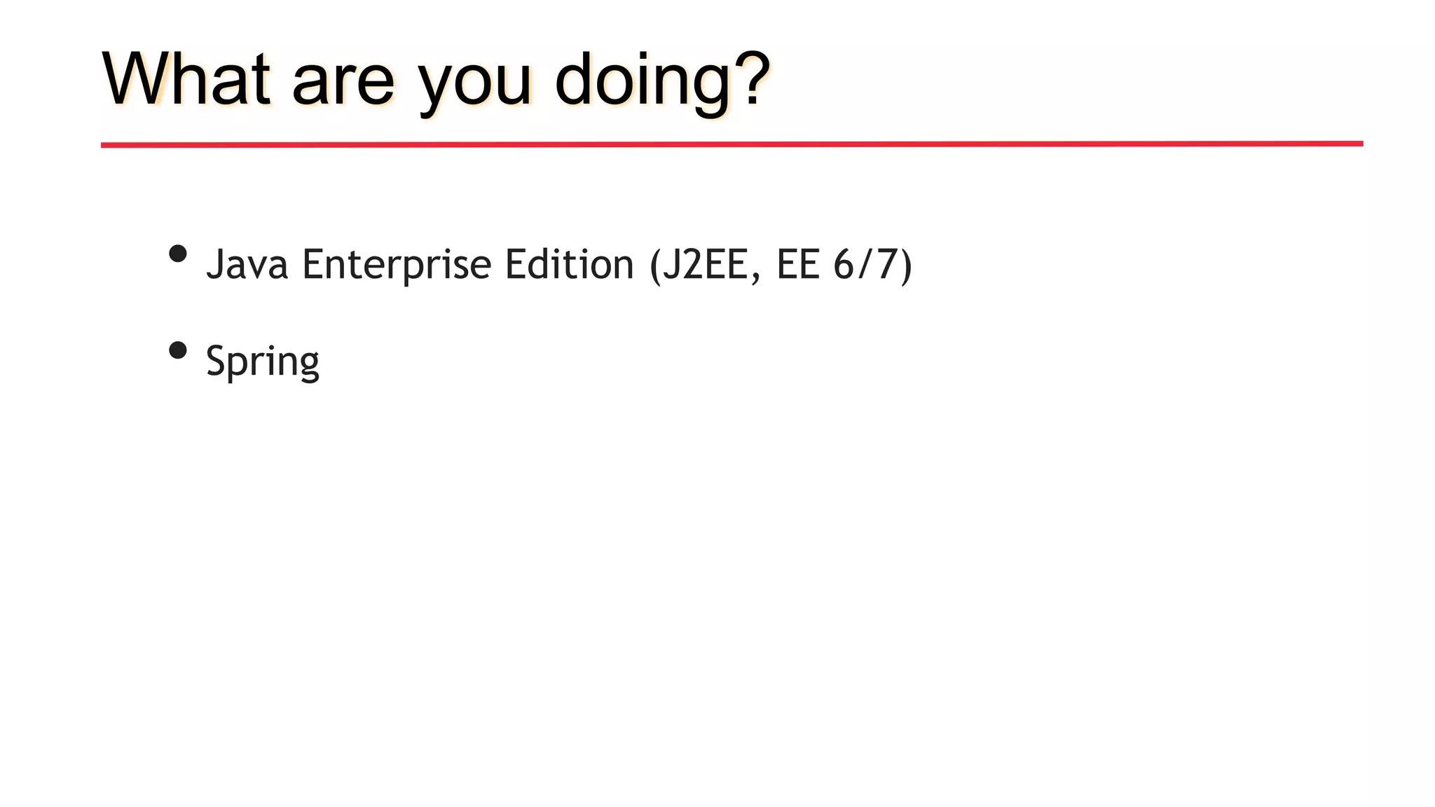 What are you doing?
• Java Enterprise Edition (J2EE, EE 6/7)
• Spring
 