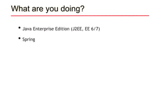 What are you doing?
• Java Enterprise Edition (J2EE, EE 6/7)
• Spring
 