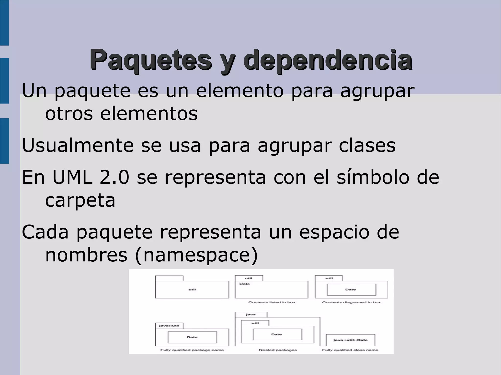 Paquetes y dependencia
Un paquete es un elemento para agrupar
  otros elementos
Usualmente se usa para agrupar clases
En UML 2.0 se representa con el símbolo de
  carpeta
Cada paquete representa un espacio de
  nombres (namespace)
 