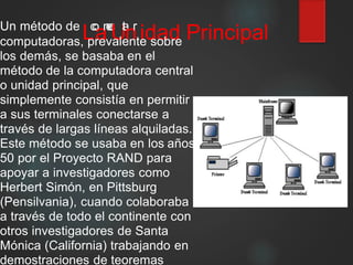 Un método de
Lco
anec
Uta
nr
idad Principalcomputadoras, prevalente sobre
los demás, se basaba en el
método de la computadora central
o unidad principal, que
simplemente consistía en permitir
a sus terminales conectarse a
través de largas líneas alquiladas.
Este método se usaba en los años
50 por el Proyecto RAND para
apoyar a investigadores como
Herbert Simón, en Pittsburg
(Pensilvania), cuando colaboraba
a través de todo el continente con
otros investigadores de Santa
Mónica (California) trabajando en
demostraciones de teoremas
 