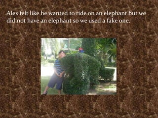 Alex felt like he wanted to ride on an elephant but wedid not have an elephant so we used a fake one.