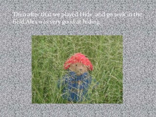 Then after that we played Hide  and go seek in the field.Alex was very good at hiding.