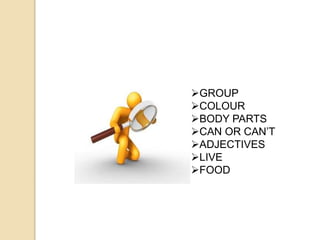 GROUP
COLOUR
BODY PARTS
CAN OR CAN’T
ADJECTIVES
LIVE
FOOD
 