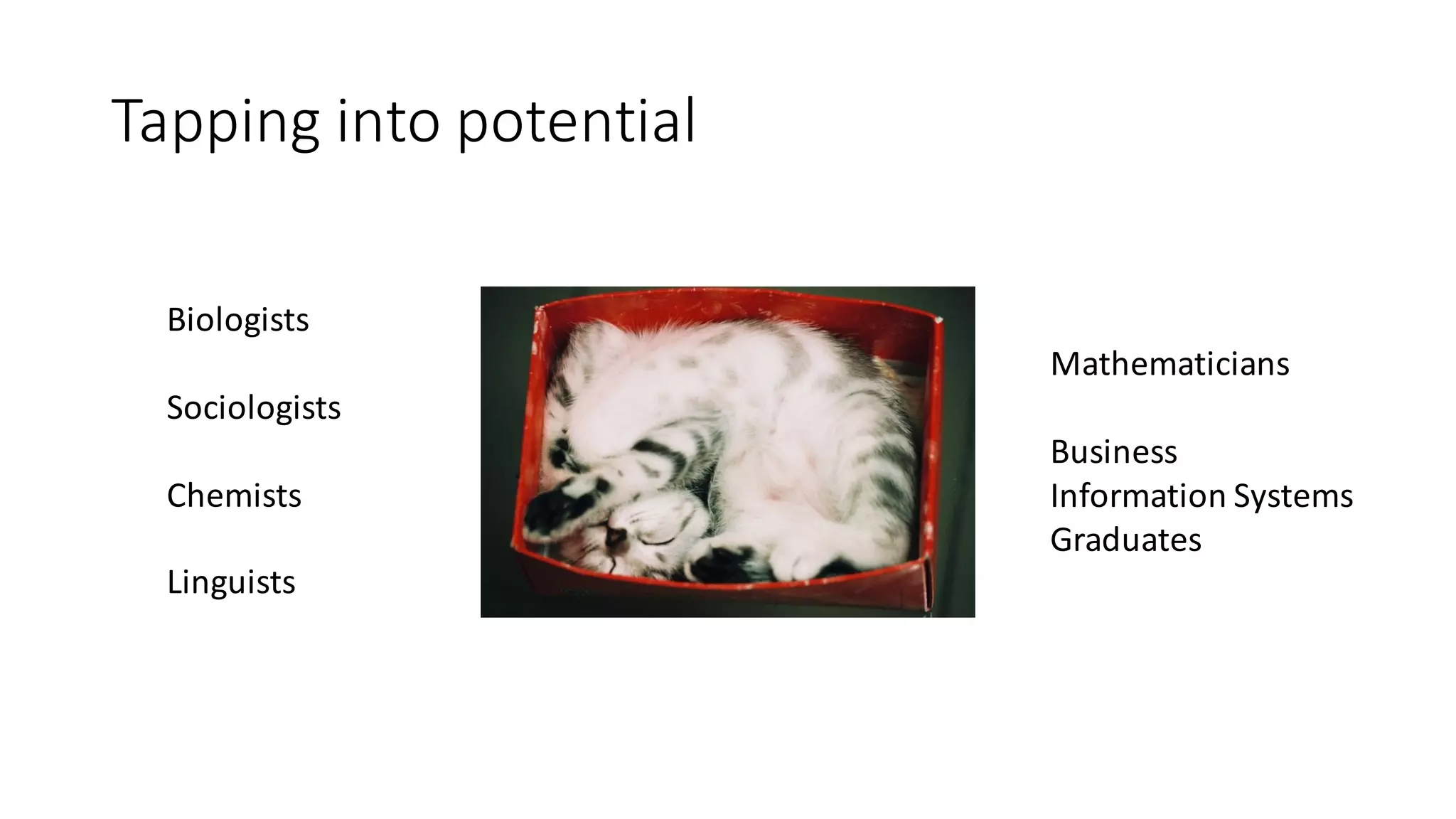 Tapping	into	potential
Mathematicians
Business	
Information	Systems	
Graduates
Biologists
Sociologists
Chemists
Linguists
 