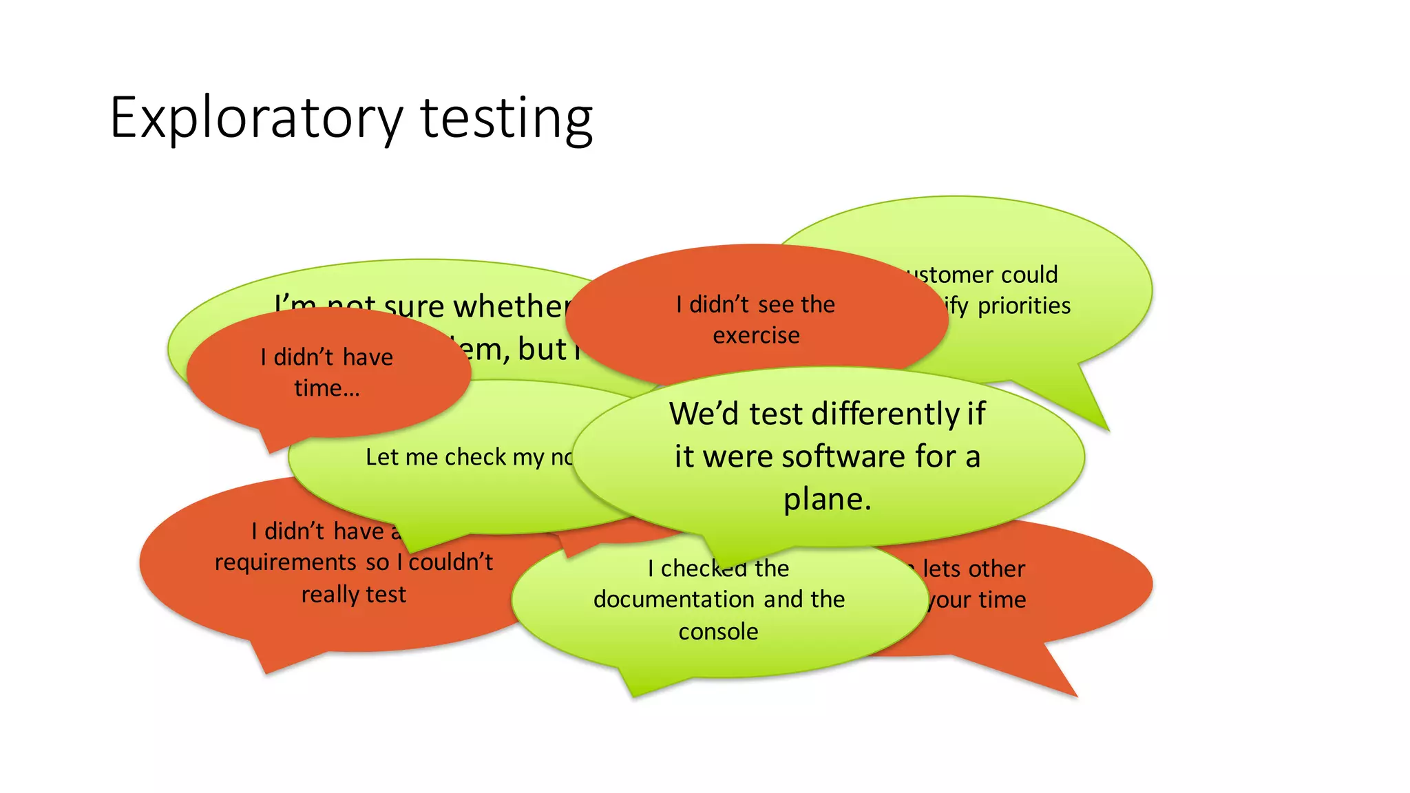 Exploratory	testing
I’m	not	sure	whether	
this	is	a	problem,	but	I	
noticed…
The	customer	could	
help	identify	priorities
I	didn’t	have	all	the	
requirements	so	I	couldn’t	
really	test
I	expected…
The	application	lets	other	
people	monitor	your	time
I	checked	the	
documentation	and	the	
console
I	didn’t	see	the	
exercise
<speedy	
exit>
Let	me	check	my	notes…
We’d	test	differently	if	
it	were	software	for	a	
plane.
I	didn’t	have	
time…
 