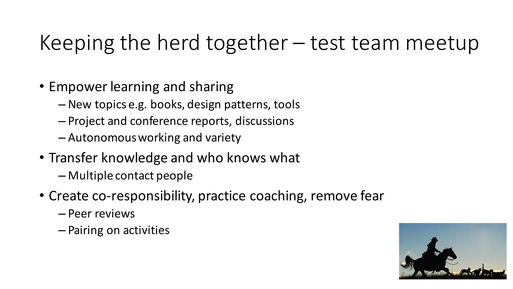 Keeping	the	herd	together	– test	team	meetup
• Empower learning and sharing
– New	topics e.g.	books,	design	patterns,	tools
– Project	and conference reports,	discussions
– Autonomousworking and variety
• Transfer	knowledge and who knows what
– Multiple	contact people
• Create	co-responsibility,	practice coaching,	remove fear
– Peer	reviews
– Pairing	on	activities
 