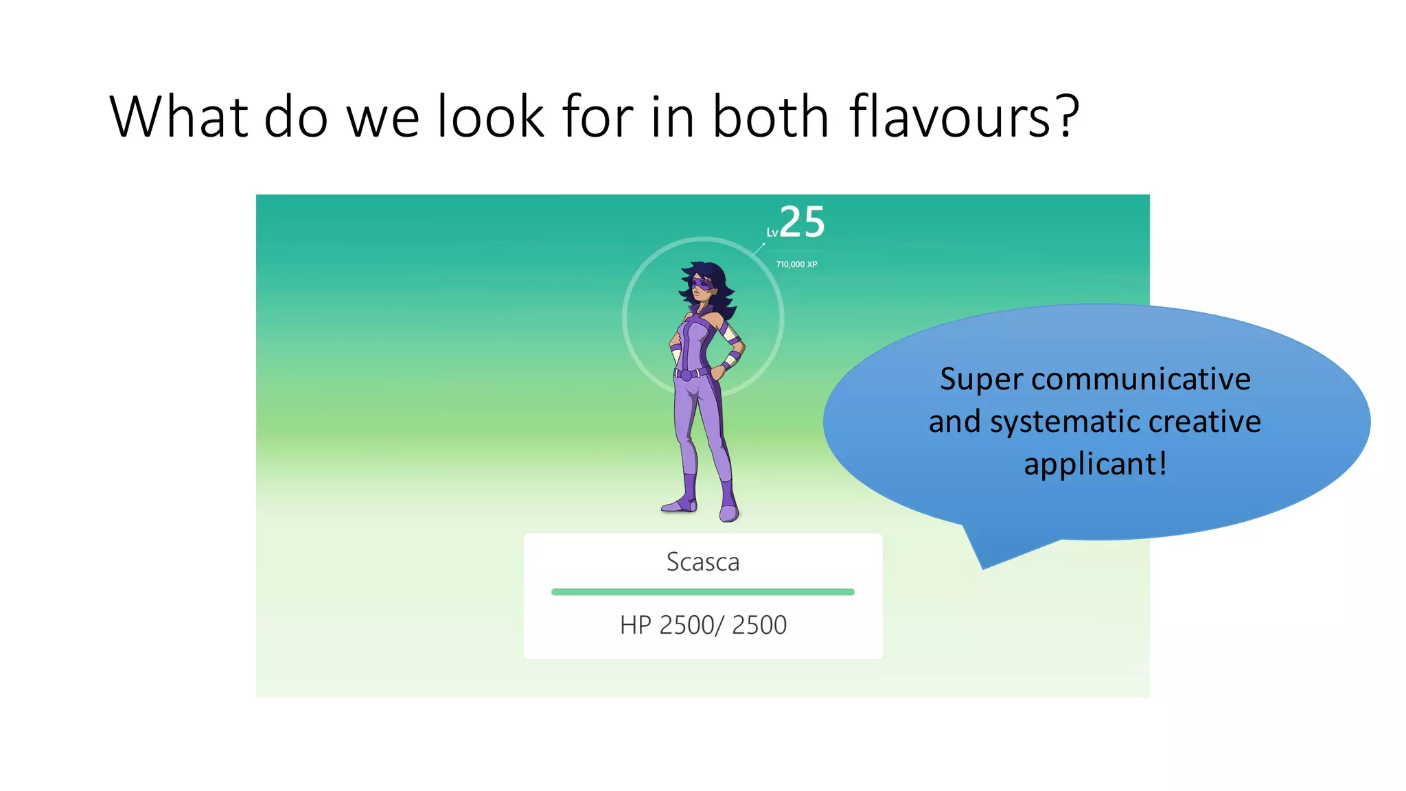 What	do	we	look	for	in	both	flavours?
Super	communicative	
and	systematic	creative	
applicant!
 