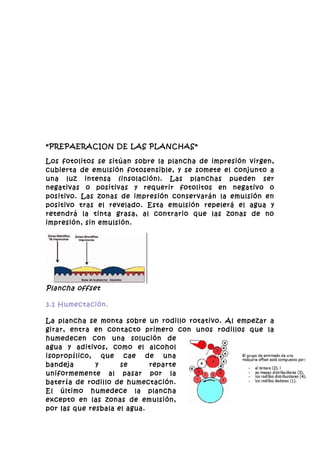 *PREPAERACION DE LAS PLANCHAS*

Los fotolitos se sitúan sobre la plancha de impresión virgen,
cubierta de emulsión fotosensible, y se somete el conjunto a
una luz intensa (insolación). Las planchas pueden ser
negativas o positivas y requerir fotolitos en negativo o
positivo. Las zonas de impresión conservarán la emulsión en
positivo tras el revelado. Esta emulsión repelerá el agua y
retendrá la tinta grasa, al contrario que las zonas de no
impresión, sin emulsión.




Plancha offset

3.1 Humectación.

La plancha se monta sobre un rodillo rotativo. Al empezar a
girar, entra en contacto primero con unos rodillos que la
humedecen con una solución de
agua y aditivos, como el alcohol
isopropílico,   que cae de una
bandeja       y      se      reparte
uniformemente al pasar por la
batería de rodillo de humectación.
El último humedece la plancha
excepto en las zonas de emulsión,
por las que resbala el agua.
 