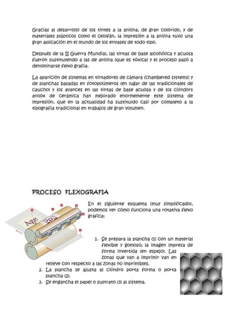 Gracias al desarrollo de los tintes a la anilina, de gran colorido, y de
materiales plásticos como el celofán, la impresión a la anilina tuvo una
gran aplicación en el mundo de los envases de todo tipo.

Después de la II Guerra Mundial, las tintas de base alcohólica y acuosa
fueron sustituyendo a las de anilina (que es tóxica) y el proceso pasó a
denominarse flexo grafía.

La aparición de sistemas en tintadores de cámara (chambered systems) y
de planchas basadas en fotopolímeros (en lugar de las tradicionales de
caucho) y los avances en las tintas de base acuosa y de los cilindors
anilox de cerámica han mejorado enormemente este sistema de
impresión, que en la actualidad ha sustituido casi por completo a la
tipografía tradicional en trabajos de gran volumen.




PROCESO FLEXOGRAFIA

                        En el siguiente esquema (muy simplificado),
                        podemos ver cómo funciona una rotativa flexo
                        gráfica:




                            1. Se prepara la plancha (1) con un material
                                flexible y gomoso; la imagen impresa de
                                forma invertida (en espejo). Las
                                zonas que van a imprimir van en
      relieve con respecto a las zonas no imprimibles.
   2. La plancha se ajusta al cilindro porta forma o porta
      plancha (2).
   3. Se engancha el papel o sustrato (3) al sistema.
 