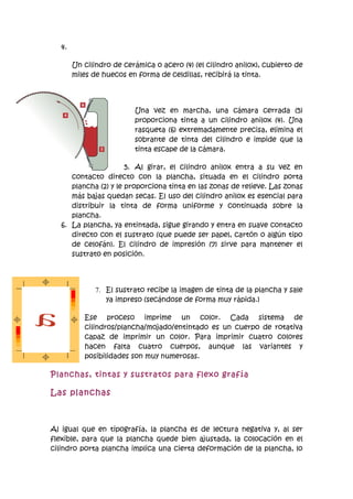 4.

        Un cilindro de cerámica o acero (4) (el cilindro anilox), cubierto de
        miles de huecos en forma de celdillas, recibirá la tinta.




                          Una vez en marcha, una cámara cerrada (5)
                          proporciona tinta a un cilindro anilox (4). Una
                          rasqueta (6) extremadamente precisa, elimina el
                          sobrante de tinta del cilindro e impide que la
                          tinta escape de la cámara.

                       5. Al girar, el cilindro anilox entra a su vez en
      contacto directo con la plancha, situada en el cilindro porta
      plancha (2) y le proporciona tinta en las zonas de relieve. Las zonas
      más bajas quedan secas. El uso del cilindro anilox es esencial para
      distribuir la tinta de forma uniforme y continuada sobre la
      plancha.
   6. La plancha, ya entintada, sigue girando y entra en suave contacto
      directo con el sustrato (que puede ser papel, cartón o algún tipo
      de celofán). El cilindro de impresión (7) sirve para mantener el
      sustrato en posición.




               7. El sustrato recibe la imagen de tinta de la plancha y sale
                  ya impreso (secándose de forma muy rápida.)

           Ese proceso imprime un color. Cada sistema de
           cilindros/plancha/mojado/entintado es un cuerpo de rotativa
           capaz de imprimir un color. Para imprimir cuatro colores
           hacen falta cuatro cuerpos, aunque las variantes y
           posibilidades son muy numerosas.

Planchas, tintas y sustratos para flexo grafía

Las planchas



Al igual que en tipografía, la plancha es de lectura negativa y, al ser
flexible, para que la plancha quede bien ajustada, la colocación en el
cilindro porta plancha implica una cierta deformación de la plancha, lo
 