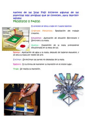nativos de las Islas Fidji hicieron algunas de las
plantillas más antiguas que se conocen, para imprimir
tejidos
PROSESOS O PASOS.

                     El proceso se lleva a cabo en 7 pasos básicos:

                     Originales     Mecánicos.-   Realización   del   trabajo
                     creativo.

                     Emulsionar.- Aplicación de emulsión (Bicromato y
                     Sericrom) a la malla.

                     Quemar.- Exposición de la          malla   previamente
                     emulsionada en la mesa de luz.

Revelar.- Aplicación de agua a la malla, después de haberse expuesto, y
se seca la malla por medio de aire.

Encintar.- Se encintan las partes no deseadas de la malla.

Registro.- Es la forma de mantener la impresión en el mismo lugar.

Tiraje.- Se realiza la impresión.
 