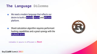 The Language Dilemma
■ We need a modern language that reﬂects our
desire to build a reliable, secure and eﬃcient
platform.
■ Shard calculation algorithm requires performant
hashing capabilities and a great synergy with the
ScyllaDB driver.
reliable + secure + efficient = Rust
 