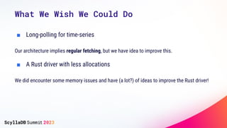 What We Wish We Could Do
■ Long-polling for time-series
Our architecture implies regular fetching, but we have idea to improve this.
■ A Rust driver with less allocations
We did encounter some memory issues and have (a lot?) of ideas to improve the Rust driver!
 