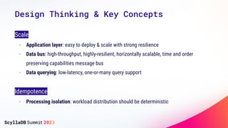Design Thinking & Key Concepts
Scale
- Application layer: easy to deploy & scale with strong resilience
- Data bus: high-throughput, highly-resilient, horizontally scalable, time and order
preserving capabilities message bus
- Data querying: low-latency, one-or-many query support
Idempotence
- Processing isolation: workload distribution should be deterministic
 