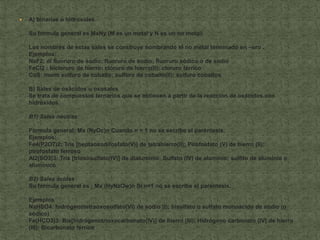    A) binarias o hidrosoles

    Su fórmula general es MxNy (M es un metal y N es un no metal)

    Los nombres de estas sales se construye nombrando el no metal terminado en –uro .
    Ejemplos:
    NaF2: di fluoruro de sodio; fluoruro de sodio; fluoruro sódico o de sodio
    FeCl2 : bicloruro de hierro: cloruro de hierro(II); cloruro férrico
    CoS: mono sulfuro de cobalto; sulfuro de cobalto(II); sulfuro cobaltos

    B) Sales de oxácidos u oxosales
    Se trata de compuestos ternarios que se obtienen a partir de la reacción de oxácidos con
    hidróxidos.

    B1) Sales neutras

    Fórmula general: Mx (NyOc)n Cuando n = 1 no se escribe el paréntesis.
    Ejemplos:
    Fe4(P2O7)2; Tris [heptaoxodifosfato(V)] de tetrahierro(II); Pirofosfato (V) de hierro (II);
    pirofosfato ferroso
    Al2(SO3)3: Tris [trioxosulfato(IV)] de dialuminio; Sulfato (IV) de aluminio; sulfito de aluminio o
    alumínico

    B2) Sales ácidas
    Su fórmula general es : Mx (HyNzOw)n Si n=1 no se escribe el paréntesis.

    Ejemplos
    NaHSO4: hidrógenotetraoxosulfato(VI) de sodio (I); bisulfato o sulfato monoácido de sodio (o
    sódico)
    Fe(HCO3)3: Bis[hidrógenotrioxocarbonato(IV)] de hierro (III); Hidrógeno carbonato (IV) de hierro
    (III): Bicarbonato férrico
 