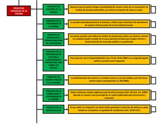 Requiere que las partes tengan la posibilidadde conocer antes de su evacuación los
medios de prueba promovidos, así como la recepción de estas en autos.
PRINCIPIO DE
CONTROL DE LA
PRUEBA
PRINCIPIO DE
DISPOSICION Y
RENUNCIABILIDAD
DE LAS PRUEBAS
La prueba evacuada pertenece al proceso, a todo lo que constituye las actuaciones
de quienes forman parte de la comunidad procesal.
PRINCIPIO DE LA
COMUNIDAD DE
LA PRUEBA
Las partes pueden usar todos los medios de prueba que estén a su alcance, evacuar
en cualquier grado y estado de la causa aquellas pruebas que tengan interés e
incluso desistir de la prueba pedida y no practicada.
PRINCIPIO DE LA
PROHIBICION DE
APLICAR EL
CONOCIMIENTO
PRIVADO DEL JUEZ
SOBRE LOS
HECHOS
PRINCIPIOS
GENERALES DE LA
PRUEBA
Tiene que ver con la imparcialidaddel Juez. El Art. 26 de CRBV en su segundo aparte
califica la justicia como imparcial.
La administración de Justicia se considera como un servicio público, por ello tiene
interés toda la sociedad.(Art.2 y 253 CRBV).
PRINCIPIO DEL
INTERES PÚBLICO
DE LA PRUEBA
PRINCIPIO DE LA
FORMALIDAD Y
LEGITIMIDAD DE
LA PRUEBA
Deben utilizarse medios legítimos para llevarla al proceso (Art. 49, Ord. 1ro. CRBV)
además se requiere que provenga de un sujeto legitimado para promoverla y
evacuarla.
El Juez debe ser imparcial, así mismo debe garantizar el derecho de defensa y debe
mantener a las partes en igualdad de condiciones (Art. 15 del CPC).
PRINCIPIO DE LA
IMPARCIALIDAD
 