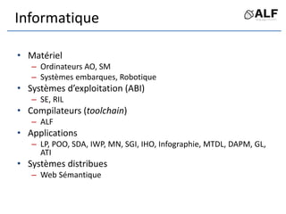 Informatique
• Matériel
– Ordinateurs AO, SM
– Systèmes embarques, Robotique
• Systèmes d’exploitation (ABI)
– SE, RIL
• Compilateurs (toolchain)
– ALF
• Applications
– LP, POO, SDA, IWP, MN, SGI, IHO, Infographie, MTDL, DAPM, GL,
ATI
• Systèmes distribues
– Web Sémantique
 