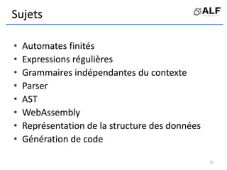 Sujets
• Automates finités
• Expressions régulières
• Grammaires indépendantes du contexte
• Parser
• AST
• WebAssembly
• Représentation de la structure des données
• Génération de code
32
 