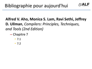 Bibliographie pour aujourd'hui
Alfred V. Aho, Monica S. Lam, Ravi Sethi, Jeffrey
D. Ullman, Compilers: Principles, Techniq...