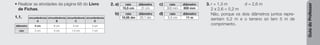 Guia
do
Professor
• Realizar as atividades da página 68 do Livro
de Fichas.
1.1. circunferência
A
circunferência
B
circunferência
C
circunferência
D
diâmetro 4 cm 6 cm 3 cm 2 cm
raio 2 cm 3 cm 1,5 cm 1 cm
2. a) raio diâmetro
15,5 cm 31 cm
b) raio diâmetro
10,05 dm 20,1 dm
c) raio diâmetro
300 mm 600 mm
d) raio diâmetro
5,5 cm 11 m
3. r = 1,3 m d = 2,6 m
2 x 2,6 = 5,2 m
Não, porque os dois diâmetros juntos repre-
sentam 5,2 m e o terreno só tem 5 m de
comprimento.
 
