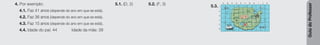 Guia
do
Professor
4. Por exemplo:
4.1. Faz 41 anos (depende do ano em que se está).
4.2. Faz 36 anos (depende do ano em que se está).
4.3. Faz 15 anos (depende do ano em que se está).
4.4. Idade do pai: 44 Idade da mãe: 39
5.1. (D, 2) 5.2. (F, 3) 5.3.
A B C D E F G H I J K
1
2
3
4
5
6
 
