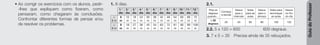 Guia
do
Professor
• Ao corrigir os exercícios com os alunos, pedir-
-lhes que expliquem como fizeram, como
pensaram, como chegaram às conclusões.
Confrontar diferentes formas de pensar e/ou
de resolver os problemas.
1. 8 dias.
1.°
dia
2.°
dia
3.°
dia
4.°
dia
5.°
dia
6.°
dia
7.°
dia
8.°
dia
9.°
dia
10.°
dia
11.°
dia
12.°
dia
+
6 m
6
m
12
m
18
m
24
m
30
m
36
m
42
m
48
m
54
m
60
m
66
m
72
m
+
9 m
9
m
18
m
27
m
36
m
45
m
54
m
63
m
72
m
81
m
90
m
99
m
108
m
2.1.
Pisa os
degraus
quando…
Começa
a escola
Desce
para o
intervalo
Sobe
para as
aulas
Desce
para o
almoço
Sobe para
recomeçar
as aulas
Desce
no fim
do dia
+ 20
degraus
20 40 60 80 100 120
2.2. 5 x 120 = 600 600 degraus.
3. 7 x 5 = 35 Precisa ainda de 35 rebuçados.
 
