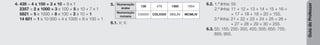 Guia
do
Professor
4. 439 = 4 x 100 + 3 x 10 + 9 x 1
2357 = 2 x 1000 + 3 x 100 + 5 x 10 + 7 x 1
5821 = 5 x 1000 + 8 x 100 + 2 x 10 + 1
14 601 = 1 x 10 000 + 4 x 1000 + 6 x 100 + 1
5. Numeração
árabe
136 479 1565 1954
Numeração
romana
CXXXVI CDLXXIX MDLXV MCMLIV
6.1. V; V.
6.2. 1.ª linha: 55
2.ª linha: 11 + 12 + 13 + 14 + 15 + 16 +
+ 17 + 18 + 19 + 20 = 155.
3.ª linha: 21 + 22 + 23 + 24 + 25 + 26 +
+ 27 + 28 + 29 + 30 = 255.
6.3. 55; 155; 255; 355; 455; 555; 655; 755;
855; 955.
 