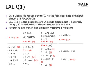 LALR(1)
 SLR: Decizia de reduce pentru “X->” se face doar daca urmatorul
simbol e in FOLLOW(X)
 LALR(1): Fiecare productie are un set de simboli care ii pot urma.
“X-> , S” se reduce doar daca urmatorul simbol e in S.
 Seturile se pot calcula prin aplicarea recursiva a regulilor:
S’ .S, {$}
B α.Aβ
c in FIRST(β)
A  .Xδ , {c}
B  α.Aβ , {c}
c  FOLLOW(β)
β * ε
A  .Xδ , {c}
X α.Xβ , c
X  αX.β , c
S’  .S , {$}
S  .L=R
S  .R
L  .*R
L  .ident
R  .L
S’  .S , {$}
S  .L=R
S  .R
L  .*R , {=}
L  .ident , {=}
R  .L
S’  .S , {$}
S  .L=R , {$}
S  .R , {$}
L  .*R , {= $}
L  .ident , {=
$}
R  .L , {$}
L  .ident, {= $}
L  ident. , {= $}
 