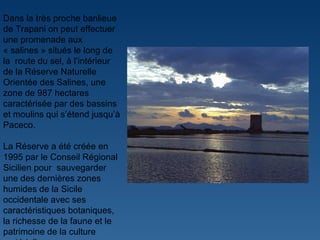 Dans la très proche banlieue de Trapani on peut effectuer une promenade aux « salines » situés le long de la  route du sel, à l ’ intérieur de la Réserve Naturelle Orientée des Salines, une zone de 987 hectares caractérisée par des bassins et moulins qui s ’ étend jusqu ’ à Paceco. La Réserve a été créée en 1995 par le Conseil Régional Sicilien pour  sauvegarder une des dernières zones humides de la Sicile occidentale avec ses caractéristiques botaniques, la richesse de la faune et le patrimoine de la culture matérielle. 