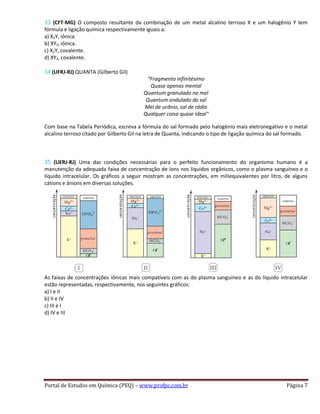 33 (CFT-MG) O composto resultante da combinação de um metal alcalino terroso X e um halogênio Y tem
fórmula e ligação química respectivamente iguais a:
a) X2Y, iônica.
b) XY2, iônica.
c) X2Y, covalente.
d) XY2, covalente.
34 (UFRJ-RJ) QUANTA (Gilberto Gil)
"Fragmento infinitésimo
Quase apenas mental
Quantum granulado no mel
Quantum ondulado do sal
Mel de urânio, sal de rádio
Qualquer coisa quase ideal"
Com base na Tabela Periódica, escreva a fórmula do sal formado pelo halogênio mais eletronegativo e o metal
alcalino terroso citado por Gilberto Gil na letra de Quanta, indicando o tipo de ligação química do sal formado.
35 (UERJ-RJ) Uma das condições necessárias para o perfeito funcionamento do organismo humano é a
manutenção da adequada faixa de concentração de íons nos líquidos orgânicos, como o plasma sanguíneo e o
líquido intracelular. Os gráficos a seguir mostram as concentrações, em miliequivalentes por litro, de alguns
cátions e ânions em diversas soluções.
As faixas de concentrações iônicas mais compatíveis com as do plasma sanguíneo e as do líquido intracelular
estão representadas, respectivamente, nos seguintes gráficos:
a) I e II
b) II e IV
c) III e I
d) IV e III
Portal de Estudos em Química (PEQ) – www.profpc.com.br Página 7
 