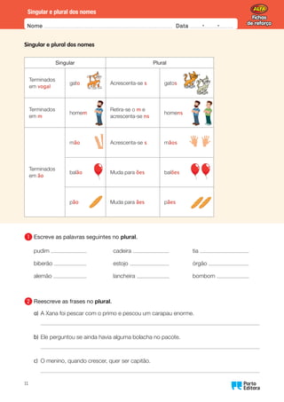 Fichas
de reforço
Fichas
de reforço
Nome Data -   -
Oo
11
Singular e plural dos nomes
Singular e plural dos nomes
Singular Plural
Terminados
em vogal
gato Acrescenta-se s gatos
Terminados
em m
homem
Retira-se o m e
acrescenta-se ns
homens
Terminados
em ão
mão Acrescenta-se s mãos
balão Muda para ões balões
pão Muda para ães pães
1 	
Escreve as palavras seguintes no plural.
pudim
biberão
alemão
cadeira
estojo
lancheira
tia
órgão
bombom
2 	
Reescreve as frases no plural.
a) A Xana foi pescar com o primo e pescou um carapau enorme.
b) Ele perguntou se ainda havia alguma bolacha no pacote.
c) O menino, quando crescer, quer ser capitão.
 