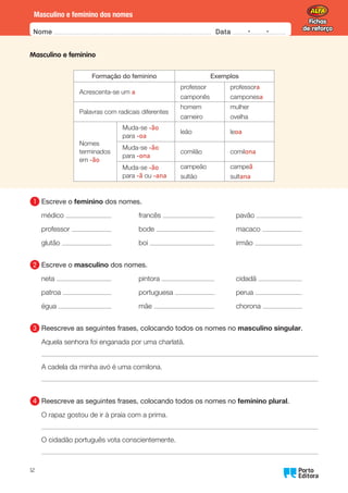 Fichas
de reforço
Fichas
de reforço
Nome Data -   -
Oo
12
Masculino e feminino dos nomes
Masculino e feminino
Formação do feminino Exemplos
Acrescenta-se um a
professor
camponês
professora
camponesa
Palavras com radicais diferentes
homem
carneiro
mulher
ovelha
Nomes
terminados
em -ão
Muda-se -ão
para -oa
leão leoa
Muda-se -ão
para -ona
comilão comilona
Muda-se -ão
para -ã ou -ana
campeão
sultão
campeã
sultana
1 	Escreve o feminino dos nomes.
médico
professor
glutão
francês
bode
boi
pavão
macaco
irmão
2 	Escreve o masculino dos nomes.
neta
patroa
égua
pintora
portuguesa
mãe
cidadã
perua
chorona
3 	
Reescreve as seguintes frases, colocando todos os nomes no masculino singular.
Aquela senhora foi enganada por uma charlatã.
A cadela da minha avó é uma comilona.
4 	
Reescreve as seguintes frases, colocando todos os nomes no feminino plural.
O rapaz gostou de ir à praia com a prima.
O cidadão português vota conscientemente.
 