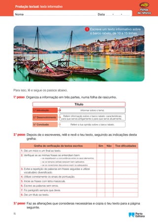 Fichas
de reforço
Fichas
de reforço
Nome Data -   -
Oo
31
Produção textual: texto informativo
Para isso, lê e segue os passos abaixo.
1.° passo 
Organiza a informação em três partes, numa folha de rascunho.
Informar sobre o tema.
Referir informação sobre o barco rabelo: características;
para que servia antigamente e para que serve atualmente…
Título
1.º Introdução
2.º Desenvolvimento
Referir a tua opinião sobre o barco rabelo.
3.º Conclusão
2.° passo 
Depois de o escreveres, relê e revê o teu texto, seguindo as indicações desta
grelha:
Grelha de verificação de textos escritos Sim Não Tive dificuldades
1.	
Dei um início e um final ao texto.
2.	
Verifiquei se as minhas frases se entendiam bem:
– se respeitavam a concordância entre os seus elementos;
– se os tempos verbais estavam bem aplicados;
– se os conectores discursivos eram os adequados.
3.	
Evitei a repetição de palavras em frases seguidas e utilizei
vocabulário diversificado.
4.	
Utilizei corretamente os sinais de pontuação.
5.	
Iniciei as frases com letra maiúscula.
6.	
Escrevi as palavras sem erros.
7.	
Fiz parágrafo sempre que devia.
8.	
Dei um título ao texto.
3.° passo 
Faz as alterações que consideras necessárias e copia o teu texto para a página
seguinte.
1 
Escreve um texto informativo sobre
o barco rabelo, de 10 a 15 linhas.
 