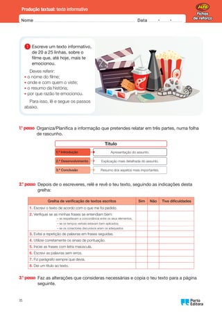 Fichas
de reforço
Fichas
de reforço
Nome Data -   -
Oo
35
Produção textual: texto informativo
1.° passo 
Organiza/Planifica a informação que pretendes relatar em três partes, numa folha
de rascunho.
Título
Apresentação do assunto.
1.º Introdução
Explicação mais detalhada do assunto.
2.º Desenvolvimento
Resumo dos aspetos mais importantes.
3.º Conclusão
2.° passo 
Depois de o escreveres, relê e revê o teu texto, seguindo as indicações desta
grelha:
Grelha de verificação de textos escritos Sim Não Tive dificuldades
1.	
Escrevi o texto de acordo com o que me foi pedido.
2.	
Verifiquei se as minhas frases se entendiam bem:
– se respeitavam a concordância entre os seus elementos;
– se os tempos verbais estavam bem aplicados;
– se os conectores discursivos eram os adequados.
3.	
Evitei a repetição de palavras em frases seguidas.
4.	
Utilizei corretamente os sinais de pontuação.
5.	
Iniciei as frases com letra maiúscula.
6.	
Escrevi as palavras sem erros.
7.	
Fiz parágrafo sempre que devia.
8.	
Dei um título ao texto.
3.° passo 
Faz as alterações que consideras necessárias e copia o teu texto para a página
seguinte.
1 
Escreve um texto informativo,
de 20 a 25 linhas, sobre o
filme que, até hoje, mais te
emocionou.
Deves referir:
• o nome do filme;
• onde e com quem o viste;
• o resumo da história;
• por que razão te emocionou.
Para isso, lê e segue os passos
abaixo.
 