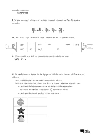 AVALIAÇÃO TRIMESTRAL 1
Matemática
9. Escreve o número inteiro representado por cada uma das frações. Observa o
exemplo.
18
3
= 6
15
5
=
36
9
=
56
7
=
750
10
=
10. Descobre a regra de transformação dos números e completa a tabela.
150 6,7 8,05 520 7800 950
1500 67 80,5 7,5
11. Efetua os cálculos. Calcula o quociente aproximado às décimas
34,56 : 0,31 =
12. Para enfeitar uma árvore de Natal gigante, os habitantes de uma vila fizeram um
milhar e
meio de decorações de Natal com materiais recicláveis.
Completa a tabela com o número de decorações de cada tipo, sabendo que:
– o número de bolas corresponde a 0,4 do total de decorações;
– o número de estrelas corresponde a
1
3
do total de bolas:
– o número de sinos é igual ao número de velas.
X
….
: ….
 