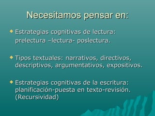 Necesitamos pensar en:Necesitamos pensar en:
 Estrategias cognitivas de lectura:Estrategias cognitivas de lectura:
prelectura –lectura- poslectura.prelectura –lectura- poslectura.
 Tipos textuales: narrativos, directivos,Tipos textuales: narrativos, directivos,
descriptivos, argumentativos, expositivos.descriptivos, argumentativos, expositivos.
 Estrategias cognitivas de la escritura:Estrategias cognitivas de la escritura:
planificación-puesta en texto-revisión.planificación-puesta en texto-revisión.
(Recursividad)(Recursividad)
 