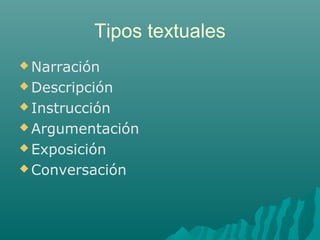 Tipos textuales
 Narración
 Descripción
 Instrucción
 Argumentación
 Exposición
 Conversación
 