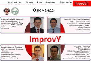 Фёдоров Александр
Александрович
СПбГУ, ф-т Прикладной Математики –
Процессов Управления,
University of the Aegean, Summer School,
Electronic Business, 2013
Интернет-агентство "Альтера" - веб-программист
Сопов Станислав Игоревич
СПбГУ, ф-т Прикладной Математики –
Процессов
Управления– 4 курс
Призер и победитель олимпиад
по математике и физике
Студент Школы Data Mining
Шакбасаров Ринат Наилевич
СПбГУ, ф-т Экономический
Интернет-проект ImprovY, Winty
Стартап школа ГРАФЕН, SUMIT
Школа лидерства СПБГУ
A1FIN от SAP
Алексеев Михаил Александрович
СПбГУ, ф-т Экономический , 4 курс
Интернет-проекты ImprovY, Winty
Стартап школа ГРАФЕН, SUMIT
Студент открытого
университета Сколково
О команде
Актуальность Анализ Идея Решение Заключение
Improv
 