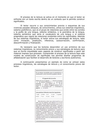 El proceso de la lectura se activa en el momento en que el lector se
enfrenta con un texto escrito dentro de un contexto que le permite construir
significados.

        El lector recurre a sus conocimientos previos o esquemas de sus
vivencias pasadas (bloques, de conocimiento), utiliza sus sistemas lingüísticos,
sistema grafofónico, que es el grupo de relaciones que existe entre los sonidos
y la grafía de una lengua, sistema sintáctico, o la gramática de la lengua,
sistema semántico que sería el vocabulario de una lengua y el sistema
pragmático que regula las relaciones existentes entre los significados. Además
de sus sistemas lingüísticos, el lector activa sus estrategias de lectura, tales
como iniciación, predicción, inferencia, autocorrección, confirmación,
desconfirmación y finalización.

        Es necesario que los lectores desarrollen un uso armónico de sus
sistemas lingüísticos, su conocimiento previo y sus estrategias de lectura para
que en forma orquestada sean capaces de construir significados a partir del
material impreso que procesan. Comprender el proceso de la lectura bajo este
modelo de construcción de significado nos permite diseñar programas de
alfabetización que faciliten el desarrollo de lectores y escritores autónomos.

        A continuación presentamos un ejemplo de como se utilizan estos
procesos lingüísticos, las estrategias de lectura y el conocimiento previo del
lector.
 