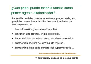 La familia no debe ofrecer enseñanza programada, sino
propiciar un ambiente familiar rico en situaciones de
lectura y escritura:
• leer a los niños y cuando ellos están,
• entrar en una librería, ir a la biblioteca,
• hacer visibles las notas que se escriben entre ellos,
• compartir la lectura de recetas, de folletos…
• compartir la lista de la compra del supermercado ...
http://www.youtube.com/watch?v=QuWWWrWCQZg
¿Qué papel puede tener la familia como
primer agente alfabetizador?
Valor social y funcional de la lengua escrita
 