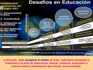 La Escuela  debe  recuperar la misión  de crear  individuos pensantes y criteriosos a la hora de seleccionar, buscar, construir, jerarquizar e  innovar sobre la información que circula  en la sociedad.   