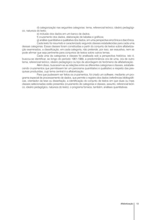 13Alfabetização
d) categorização nas seguintes categorias: tema, referencial teórico, ideário pedagógi-
co, natureza do texto;
e) inclusão dos dados em um banco de dados;
f) cruzamento dos dados, elaboração de tabelas e gráficos;
g) análise quantitativa e qualitativa dos dados, em uma perspectiva sincrônica e diacrônica.
Cada texto foi resumido e caracterizado segundo classes estabelecidas para cada uma
dessas categorias. Essas classes foram constituídas a partir do conjunto de textos sobre alfabetiza-
ção examinados; a classificação, em cada categoria, não pretende, por isso, ser exaustiva, nem se
pode afirmar que seja pertinente para conjuntos de textos sobre outros temas.
Cada uma da categorias e classes foi analisada sob a perspectiva histórica, isto é,
buscou-se identificar, ao longo do período 1961-1989, a predominância ora de uma, ora de outro
tema, referencial teórico, ideário pedagógico ou tipo de abordagem do fenômeno da alfabetização.
Além disso, buscaram-se as relações entre as diferentes categorias e classes, estabele-
cendo cruzamentos que permitissem ter um panorama quantitativo e qualitativo a respeito das pes-
quisas produzidas, cujo tema central é a alfabetização.
Para que pudessem ser feitos os cruzamentos, foi criado um software, mediante um pro-
grama especial de processamento de dados, que permite o registro dos dados (referências bibliográfi-
cas, orientador da tese ou dissertação, a identificação do conjunto de textos em que duas ou mais
classes selecionadas estão presentes (cruzamento de categorias e classes, assunto, referencial teóri-
co, ideário pedagógico, natureza do texto); o programa fornece, também, análises quantitativas.
 