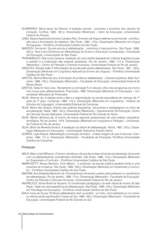 44 Série Estado do Conhecimento
GUIMARÃES, Maria Ignez de Oliveira. A redação escolar : processo e produtos das classes de
iniciação. Curitiba, 1980. 184 p. Dissertação (Mestrado) – Setor de Educação, Universidade
Federal do Paraná.
LOBO, Elyane Aparecida Antunes Cavalca Reis. O ensino da língua materna na pré-escola : contribui-
ção para a formulação de objetivos. São Paulo, 1980. 119 p. Dissertação (Mestrado em Língua
Portuguesa) – Pontifícia Universidade Católica de São Paulo.
MARSON, Fernando. Da pré-escola à alfabetização : caminhos e descaminhos. São Paulo, 1989.
252 p. Tese (Livre-Docência em Metodologia do Ensino e Educação Comparada) – Faculdade
de Educação, Universidade de São Paulo.
PERNAMBUCO, Déa Lúcia Campos. Avaliação de uma cartilha baseada em critérios lingüísticos para
a seleção e a ordenação das palavras geradoras. Rio de Janeiro, 1988. 112 p. Dissertação
(Mestrado) – Centro de Filosofia e Ciências Humanas, Universidade Federal do Rio de Janeiro.
SANCHES, Rosalie Gallo Y. Dificuldades de escrita para recém-alfabetizados. São Paulo, 1981. 139 p.
Dissertação (Mestrado em Lingüística Aplicada ao Ensino de Línguas) – Pontifícia Universidade
Católica de São Paulo.
SANTOS, Alzirina Miranda dos. A formação do professor alfabetizador : a faceta lingüística. Belo Hori-
zonte, 1986. 105 p. Dissertação (Mestrado) – Faculdade de Educação, Universidade Federal de
Minas Gerais.
SANTOS, Daltamir Vieira dos. Treinamento ou formação? um estudo crítico dos programas de ensino
nos cursos para alfabetizadores. Piracicaba, 1989. Dissertação (Mestrado em Educação) – Uni-
versidade Metodista de Piracicaba.
SILVA, Ademar da. A relação entre a fala e a segmentação na escrita espontânea de crianças da 1ª
série do 1º grau. Campinas, 1989. 116 p. Dissertação (Mestrado em Linguística) – Instituto de
Estudos da Linguagem, Universidade Estadual de Campinas.
SILVA, Maria das Graças. Estudo das práticas lingüísticas, discursivas e pedagógicas no início da
escolarização. Natal, 1982. 142 p. Dissertação (Mestrado) – Departamento de Educação, Centro
de Ciências Sociais Aplicadas, Universidade Federal do Rio Grande do Norte.
SILVA, Myrian Barbosa da. O ensino da leitura segundo perspectivas de uma análise ortográfica-
fonológica. Rio de Janeiro, 1974. Dissertação (Mestrado em Lingüística e Filologia) – Universida-
de Federal do Rio de Janeiro.
SILVA, Wanir de Almeida Horácio. A avaliação na classe de alfabetização. Vitória, 1987. 370 p. Disser-
tação (Mestrado em Educação) – Universidade Federal do Espírito Santo.
SOARES, Lígia Raquel. Alfabetização e produção de textos : a falsa imagem do que é escrever. Cam-
pinas, 1984. 141 p. Dissertação (Mestrado) – Faculdade de Educação, Pontifícia Universidade
Católica de Campinas.
Pedagogia
ABUD, Maria José Milharezi. O ensino da leitura e da escrita na fase inicial da escolarização de acordo
com os alfabetizadores considerados eficientes. São Paulo, 1986. 152 p. Dissertação (Mestrado
em Supervisão e Currículo) – Pontifícia Universidade Católica de São Paulo.
AMBROSETTI, Neusa Banhara. Ciclo Básico : o professor da escola pública paulista frente a uma
proposta de mudança. São Paulo, 1989. 164 p. Dissertação (Mestrado em Supervisão e Currícu-
lo) – Pontifícia Universidade Católica de São Paulo.
AMORIM, Ana Adelaide Moutinho de. Procedimentos de ensino usados pelo professor e o rendimento
em alfabetização. Rio de Janeiro, 1986. 174 p. Dissertação (Mestrado) – Faculdade de Educação,
Centro de Filosofia e Ciências Humanas, Universidade Federal do Rio de Janeiro.
ANDREUCCI, Sônia Brasil de Siqueira. O coordenador pedagógico na rede oficial de ensino de São
Paulo : relato de uma experiência de alfabetização. São Paulo, 1989. 125 p. Dissertação (Mestrado
em Psicologia da Educação) – Pontifícia Universidade Católica de São Paulo.
ÁVILA, Ivany de Souza. Professor alfabetizador bem-sucedido : um mito, uma realidade ou um univer-
so relacional de significados? Caxias do Sul, 1989. 165 p. Dissertação (Mestrado) – Faculdade de
Educação, Universidade Federal do Rio Grande do Sul.
 