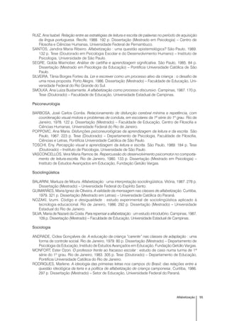 55Alfabetização
RUIZ, Ana Isabel. Relação entre as estratégias de leitura e escrita de palavras no período de aquisição
da língua portuguesa. Recife, 1988. 192 p. Dissertação (Mestrado em Psicologia) – Centro de
Filosofia e Ciências Humanas, Universidade Federal de Pernambuco.
SANTOS, Jandira Maria Ribeiro. Alfabetização : uma questão epistemológica? São Paulo, 1989.
132 p. Tese (Doutorado em Psicologia Escolar e do Desenvolvimento Humano) – Instituto de
Psicologia, Universidade de São Paulo.
SEGRE, Golda Waimober. Análise de cartilha e aprendizagem significativa. São Paulo, 1985. 84 p.
Dissertação (Mestrado em Psicologia da Educação) – Pontifícia Universidade Católica de São
Paulo.
SILVEIRA, Tânia Borges Fortes da. Ler e escrever como um processo ativo da criança : o desafio de
uma nova proposta. Porto Alegre, 1986. Dissertação (Mestrado) – Faculdade de Educação, Uni-
versidade Federal do Rio Grande do Sul.
SMOLKA, Ana Luíza Bustamante. A alfabetização como processo discursivo. Campinas, 1987. 170 p.
Tese (Doutorado) – Faculdade de Educação, Universidade Estadual de Campinas.
Psiconeurologia
BARBOSA, José Carlos Corrêa. Relacionamento de disfunção cerebral mínima e repetência, com
coordenação visual-motora e problemas de conduta, em escolares da 1ª série do 1º grau. Rio de
Janeiro, 1978. 122 p. Dissertação (Mestrado) – Faculdade de Educação, Centro de Filosofia e
Ciências Humanas, Universidade Federal do Rio de Janeiro.
POPPOVIC, Ana Maria. Disfunções psiconeurológicas da aprendizagem da leitura e da escrita. São
Paulo, 1967. 223 p. Tese (Doutorado) – Departamento de Psicologia, Faculdade de Filosofia,
Ciências e Letras, Pontifícia Universidade Católica de São Paulo.
TOSCHI, Eny. Percepção visual e aprendizagem da leitura e escrita. São Paulo, 1989. 184 p. Tese
(Doutorado) – Instituto de Psicologia, Universidade de São Paulo.
VASCONCELLOS, Vera Maria Ramos de. Repercussão do desenvolvimento psicomotor no comporta-
mento de leitura-escrita. Rio de Janeiro, 1980. 133 p. Dissertação (Mestrado em Psicologia) –
Instituto de Estudos Avançados em Educação, Fundação Getúlio Vargas.
Sociolingüística
BALARINI, Marluza de Moura. Alfabetização : uma interpretação sociolingüística. Vitória, 1987. 278 p.
Dissertação (Mestrado) – Universidade Federal do Espírito Santo.
GUIMARÃES, Maria Ignez de Oliveira. A validade da mensagem nas classes de alfabetização. Curitiba,
1979. 321 p. Dissertação (Mestrado em Letras) – Universidade Católica do Paraná.
NOZAKI, Izumi. Código e desigualdade : estudo experimental de sociolingüística aplicado à
tecnologia educacional. Rio de Janeiro, 1986. 292 p. Dissertação (Mestrado) – Universidade
Estadual do Rio de Janeiro.
SILVA, Maria de Nazaré da Costa. Para repensar a alfabetização : um estudo introdutório. Campinas, 1987.
109 p. Dissertação (Mestrado) – Faculdade de Educação, Universidade Estadual de Campinas.
Sociologia
ANDRADE, Cidea Gonçalves de. A educação da criança “carente” nas classes de adaptação : uma
forma de controle social. Rio de Janeiro, 1979. 80 p. Dissertação (Mestrado) – Departamento de
Psicologia da Educação, Instituto de Estudos Avançados em Educação, Fundação Getúlio Vargas.
MONFORT, Ester Ozon. O professor frente ao fracasso escolar : estudo de caso numa turma de 1ª
série do 1º grau. Rio de Janeiro, 1983. 305 p. Tese (Doutorado) – Departamento de Educação,
Pontifícia Universidade Católica do Rio de Janeiro.
RODRIGUES, Marlene. A ideologia das primeiras letras nos campos do Brasil; das relações entre a
questão ideológica da terra e a política de alfabetização de criança camponesa. Curitiba, 1986.
297 p. Dissertação (Mestrado) – Setor de Educação, Universidade Federal do Paraná.
 