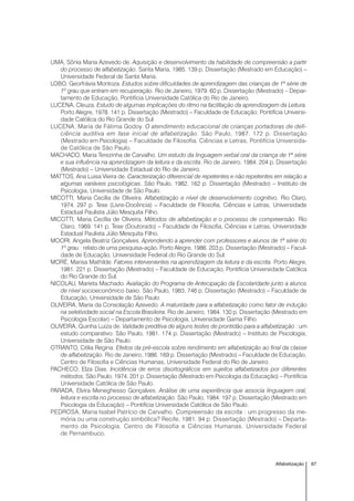 67Alfabetização
LIMA, Sônia Maria Azevedo de. Aquisição e desenvolvimento da habilidade de compreensão a partir
do processo de alfabetização. Santa Maria, 1985. 139 p. Dissertação (Mestrado em Educação) –
Universidade Federal de Santa Maria.
LOBO, Georfrávia Montoza. Estudos sobre dificuldades de aprendizagem das crianças de 1ª série de
1º grau que entram em recuperação. Rio de Janeiro, 1979. 60 p. Dissertação (Mestrado) – Depar-
tamento de Educação, Pontifícia Universidade Católica do Rio de Janeiro.
LUCENA, Cleuza. Estudo de algumas implicações do ritmo na facilitação da aprendizagem da Leitura.
Porto Alegre, 1978. 141 p. Dissertação (Mestrado) – Faculdade de Educação, Pontifícia Universi-
dade Católica do Rio Grande do Sul.
LUCENA, Maria de Fátima Godoy. O atendimento educacional de crianças portadoras de defi-
ciência auditiva em fase inicial de alfabetização. São Paulo, 1987. 172 p. Dissertação
(Mestrado em Psicologia) – Faculdade de Filosofia, Ciências e Letras, Pontifícia Universida-
de Católica de São Paulo.
MACHADO, Maria Terezinha de Carvalho. Um estudo da linguagem verbal oral da criança de 1ª série
e sua influência na aprendizagem da leitura e da escrita. Rio de Janeiro, 1984. 204 p. Dissertação
(Mestrado) – Universidade Estadual do Rio de Janeiro.
MATTOS, Ana Luisa Vieira de. Caracterização diferencial de repetentes e não repetentes em relação a
algumas variáveis psicológicas. São Paulo, 1982. 162 p. Dissertação (Mestrado) – Instituto de
Psicologia, Universidade de São Paulo.
MICOTTI, Maria Cecília de Oliveira. Alfabetização e nível de desenvolvimento cognitivo. Rio Claro,
1974. 297 p. Tese (Livre-Docência) – Faculdade de Filosofia, Ciências e Letras, Universidade
Estadual Paulista Júlio Mesquita Filho.
MICOTTI, Maria Cecília de Oliveira. Métodos de alfabetização e o processo de compreensão. Rio
Claro, 1969. 141 p. Tese (Doutorado) – Faculdade de Filosofia, Ciências e Letras, Universidade
Estadual Paulista Júlio Mesquita Filho.
MOORI, Angela Beatriz Gonçalves. Aprendendo a aprender com professores e alunos de 1ª série do
1º grau : relato de uma pesquisa-ação. Porto Alegre, 1986. 203 p. Dissertação (Mestrado) – Facul-
dade de Educação, Universidade Federal do Rio Grande do Sul.
MORÉ, Marisa Mathilde. Fatores intervenientes na aprendizagem da leitura e da escrita. Porto Alegre,
1981. 221 p. Dissertação (Mestrado) – Faculdade de Educação, Pontifícia Universidade Católica
do Rio Grande do Sul.
NICOLAU, Marieta Machado. Avaliação do Programa de Antecipação da Escolaridade junto a alunos
de nível socioeconômico baixo. São Paulo, 1983. 746 p. Dissertação (Mestrado) – Faculdade de
Educação, Universidade de São Paulo.
OLIVEIRA, Maria da Consolação Azevedo. A maturidade para a alfabetização como fator de indução
na seletividade social na Escola Brasileira. Rio de Janeiro, 1984. 130 p. Dissertação (Mestrado em
Psicologia Escolar) – Departamento de Psicologia, Universidade Gama Filho.
OLIVEIRA, Quinha Luiza de. Validade preditiva de alguns testes de prontidão para a alfabetização : um
estudo comparativo. São Paulo, 1981. 174 p. Dissertação (Mestrado) – Instituto de Psicologia,
Universidade de São Paulo.
OTRANTO, Célia Regina. Efeitos da pré-escola sobre rendimento em alfabetização ao final da classe
de alfabetização. Rio de Janeiro, 1986. 169 p. Dissertação (Mestrado) – Faculdade de Educação,
Centro de Filosofia e Ciências Humanas, Universidade Federal do Rio de Janeiro.
PACHECO, Elza Dias. Incidência de erros disortográficos em sujeitos alfabetizados por diferentes
métodos. São Paulo, 1974. 201 p. Dissertação (Mestrado em Psicologia da Educação) – Pontifícia
Universidade Católica de São Paulo.
PARADA, Elvira Meneghesso Gonçalves. Análise de uma experiência que associa linguagem oral,
leitura e escrita no processo de alfabetização. São Paulo, 1984. 197 p. Dissertação (Mestrado em
Psicologia da Educação) – Pontifícia Universidade Católica de São Paulo.
PEDROSA, Maria Isabel Patrício de Carvalho. Compreensão da escrita : um progresso da me-
mória ou uma construção simbólica? Recife, 1981. 94 p. Dissertação (Mestrado) – Departa-
mento de Psicologia, Centro de Filosofia e Ciências Humanas, Universidade Federal
de Pernambuco.
 