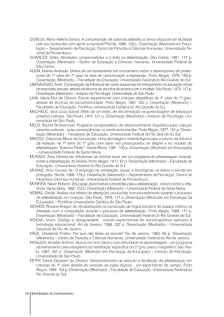 74 Série Estado do Conhecimento
DUBEUX, Maria Helena Santos. A compreensão de sistemas alfabéticos de escrita pode ser facilitada
pelo uso da escrita como apoio à memória? Recife, 1986. 128 p. Dissertação (Mestrado em Psico-
logia) – Departamento de Psicologia, Centro de Filosofia e Ciências Humanas, Universidade Fe-
deral de Pernambuco.
GUAREZZI, Sirley. Atividades compensatórias e o êxito na alfabetização. São Carlos, 1981. 117 p.
Dissertação (Mestrado) – Centro de Educação e Ciências Humanas, Universidade Federal de
São Carlos.
KLEIN, Idalma Andrade. Efeitos de um treinamento em microensino sobre o desempenho de profes-
sores de 1ª série do 1º grau na área de comunicação e expressão. Porto Alegre, 1979. 159 p.
Dissertação (Mestrado) – Faculdade de Educação, Universidade Federal do Rio Grande do Sul.
LIBERALESSO, Anita. Comparação da influência de como esquemas de reforçamento na aquisição inicial
de respostas textuais, através da técnica de escolha de acordo com o modelo. São Paulo, 1973. 107 p.
Dissertação (Mestrado) – Instituto de Psicologia, Universidade de São Paulo.
LIMA, Maria Elza de Oliveira. Estudo experimental com crianças disgráficas da 1ª série do 1º grau,
através de técnicas de psicomotricidade. Porto Alegre, 1981. 262 p. Dissertação (Mestrado) –
Faculdade de Educação, Pontifícia Universidade Católica do Rio Grande do Sul.
MACHADO, Vera Lúcia Sobral. Efeito de um treino de discriminação na aprendizagem de leitura por
privados culturais. São Paulo, 1975. 121 p. Dissertação (Mestrado) – Instituto de Psicologia, Uni-
versidade de São Paulo.
MELO, Rachel Brotherhood. Programa compensatório de desenvolvimento lingüístico para crianças
carentes culturais : suas conseqüências no rendimento escolar. Porto Alegre, 1977. 151 p. Disser-
tação (Mestrado) – Faculdade de Educação, Universidade Federal do Rio Grande do Sul.
MIKOSZ, Calorinda Maria da Conceição. Uma abordagem metodológica para o ensino da leitura e
da redação na 1ª série do 1º grau com base nos pressupostos de Gagné e no modelo de
alfabetização “Erasmo Pilotto”. Santa Maria, 1981. 100 p. Dissertação (Mestrado em Educação)
– Universidade Federal de Santa Maria.
MORAES, Zeny Oliveira de. Influências do folclore local, em um programa de alfabetização musical,
sobre a alfabetização do idioma. Porto Alegre, 1977. 87 p. Dissertação (Mestrado) – Faculdade de
Educação, Universidade Federal do Rio Grande do Sul.
MORAIS, Artur Gomes de. O emprego de estratégias visuais e fonológicas na leitura e escrita em
português. Recife, 1986. 179 p. Dissertação (Mestrado) – Departamento de Psicologia, Centro de
Filosofia e Ciências Humanas, Universidade Federal de Pernambuco.
MOREIRA, Nilson Roberto. Educação psicomotora e prontidão para a alfabetização : estudo sobre a influ-
ência. Santa Maria, 1985. 153 p. Dissertação (Mestrado) – Universidade Federal de Santa Maria.
NÉBIAS, Cleide. Análise dos efeitos de alterações produzidas num procedimento durante o processo
de alfabetização em crianças. São Paulo, 1978. 121 p. Dissertação (Mestrado em Psicologia da
Educação) – Pontifícia Universidade Católica de São Paulo.
NEVADO, Rosane Aragon de. As abstrações na construção da língua escrita e do espaço métrico na
interação com o computador, durante o processo de alfabetização. Porto Alegre, 1989. 171 p.
Dissertação (Mestrado) – Faculdade de Educação, Universidade Federal do Rio Grande do Sul.
NOZAKI, Izumi. Código e desigualdade : estudo experimental de sociolingüístico aplicado à
tecnologia educacional. Rio de Janeiro, 1986. 292 p. Dissertação (Mestrado) – Universidade
Estadual do Rio de Janeiro.
PAGE, Cheilamar Prates. Por que não férias na escola? Rio de Janeiro, 1982. 85 p. Dissertação
(Mestrado) – Centro de Filosofia e Ciências Humanas, Universidade Federal do Rio de Janeiro.
PENAZZO, Arnaldo Antônio. Alunos do ciclo básico com dificuldade de aprendizagem : um programa
de treinamento para estagiários da habilitação específica do 2º grau para o magistério. São Pau-
lo, 1987. 265 p. Dissertação (Mestrado em Psicologia da Educação) – Instituto de Psicologia,
Universidade de São Paulo.
PETRY, Eliane Elizabeth de Oliveira. Desenvolvimento da atenção e facilitação da alfabetização em
crianças de 1ª série através de sessões de jogos lógicos : um experimento de campo. Porto
Alegre, 1984. 104 p. Dissertação (Mestrado) – Faculdade de Educação, Universidade Federal do
Rio Grande do Sul.
 