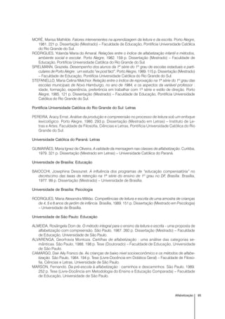 85Alfabetização
MORÉ, Marisa Mathilde. Fatores intervenientes na aprendizagem da leitura e da escrita. Porto Alegre,
1981. 221 p. Dissertação (Mestrado) – Faculdade de Educação, Pontifícia Universidade Católica
do Rio Grande do Sul.
RODRIGUES, Yolanda Maria do Amaral. Relações entre o índice de alfabetização infantil e métodos,
ambiente social e escolar. Porto Alegre, 1982. 159 p. Dissertação (Mestrado) – Faculdade de
Educação, Pontifícia Universidade Católica do Rio Grande do Sul.
SPIELMANN, Graziela. Desempenho dos alunos da 1ª série do 1º grau de escolas estaduais e parti-
culares de Porto Alegre : um estudo “ex post fact”. Porto Alegre, 1989. 115 p. Dissertação (Mestrado)
– Faculdade de Educação, Pontifícia Universidade Católica do Rio Grande do Sul.
STEFANELLO, Maria Celina Melchior. Relação entre o índice de reprovação na 1ª série do 1º grau das
escolas municipais de Novo Hamburgo, no ano de 1984, e os aspectos da variável professor :
idade, formação, experiência, preferência em trabalhar com 1ª série e estilo de direção. Porto
Alegre, 1985. 121 p. Dissertação (Mestrado) – Faculdade de Educação, Pontifícia Universidade
Católica do Rio Grande do Sul.
Pontifícia Universidade Católica do Rio Grande do Sul: Letras
PEREIRA, Aracy Ernst. Análise da produção e compreensão no processo de leitura sob um enfoque
lexicológico. Porto Alegre, 1980. 293 p. Dissertação (Mestrado em Letras) – Instituto de Le-
tras e Artes, Faculdade de Filosofia, Ciências e Letras, Pontifícia Universidade Católica do Rio
Grande do Sul.
Universidade Católica do Paraná: Letras
GUIMARÃES, Maria Ignez de Oliveira. A validade da mensagem nas classes de alfabetização. Curitiba,
1979. 321 p. Dissertação (Mestrado em Letras) – Universidade Católica do Paraná.
Universidade de Brasília: Educação
BAIOCCHI, Josephina Desounet. A influência dos programas de “educação compensatória” no
decréscimo das taxas de retenção na 1ª série do ensino de 1º grau no DF, Brasília. Brasília,
1977. 99 p. Dissertação (Mestrado) – Universidade de Brasília.
Universidade de Brasília: Psicologia
RODRIGUES, Maria Alexandra Militão. Competências de leitura e escrita de uma amostra de crianças
de 4, 5 e 6 anos de jardim de infância. Brasília, 1989. 151 p. Dissertação (Mestrado em Psicologia)
– Universidade de Brasília.
Universidade de São Paulo: Educação
ALMEIDA, Rosângela Doin de. O método integral para o ensino da leitura e escrita - uma proposta de
alfabetização com compreensão. São Paulo, 1987. 260 p. Dissertação (Mestrado) – Faculdade
de Educação, Universidade de São Paulo.
ALVARENGA, Georfravia Montoza. Cartilhas de alfabetização : uma análise das categorias se-
mânticas. São Paulo, 1988. 198 p. Tese (Doutorado) – Faculdade de Educação, Universidade
de São Paulo.
CAMARGO, Dair Aily Franco de. As crianças de baixo nível socioeconômico e os métodos de alfabe-
tização. São Paulo, 1984. 194 p. Tese (Livre-Docência em Didática Geral) – Faculdade de Filoso-
fia, Ciências e Letras, Universidade de São Paulo.
MARSON, Fernando. Da pré-escola à alfabetização : caminhos e descaminhos. São Paulo, 1989.
252 p. Tese (Livre-Docência em Metodologia do Ensino e Educação Comparada) – Faculdade
de Educação, Universidade de São Paulo.
 