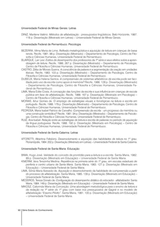 90 Série Estado do Conhecimento
Universidade Federal de Minas Gerais: Letras
DINIZ, Marilene Valério. Métodos de alfabetização : pressupostos lingüísticos. Belo Horizonte, 1987.
118 p. Dissertação (Mestrado em Letras) – Universidade Federal de Minas Gerais.
Universidade Federal de Pernambuco: Psicologia
BEZERRA, Vilma Maria de Lima. Reflexão metalingüística e aquisição de leitura em crianças de baixa
renda. Recife, 1981. 98 p. Dissertação (Mestrado) – Departamento de Psicologia, Centro de Filo-
sofia e Ciências Humanas, Universidade Federal de Pernambuco.
BUARQUE, Lair Levi. Estilos de desempenho dos professores da 1ª série e seus efeitos sobre a apren-
dizagem de leitura. Recife, 1986. 267 p. Dissertação (Mestrado) – Departamento de Psicologia,
Centro de Filosofia e Ciências Humanas, Universidade Federal de Pernambuco.
CASTRO, Zélia de Morais Guerra. A consciência da palavra e a segmentação da oração em unidades
léxicas. Recife, 1983. 103 p. Dissertação (Mestrado) – Departamento de Psicologia, Centro de
Filosofia e Ciências Humanas, Universidade Federal de Pernambuco.
DUBEUX, Maria Helena Santos. A compreensão de sistemas alfabéticos de escrita pode ser faci-
litada pelo uso da escrita como apoio à memória? Recife, 1986. 128 p. Dissertação (Mestrado)
– Departamento de Psicologia, Centro de Filosofia e Ciências Humanas, Universidade Fe-
deral de Pernambuco.
LIMA, Maria Edite Costa. A concepção das funções da escrita e sua influência em crianças de escola
pública em fase de alfabetização. Recife, 1988. 167 p. Dissertação (Mestrado em Psicologia) –
Centro de Filosofia e Ciências Humanas, Universidade Federal de Pernambuco.
MORAIS, Artur Gomes de. O emprego de estratégias visuais e fonológicas na leitura e escrita em
português. Recife, 1986. 179 p. Dissertação (Mestrado) – Departamento de Psicologia, Centro de
Filosofia e Ciências Humanas, Universidade Federal de Pernambuco.
PEDROSA, Maria Isabel Patrício de Carvalho. Compreensão da escrita : um progresso da memória ou
uma construção simbólica? Recife, 1981. 94 p. Dissertação (Mestrado) – Departamento de Psicolo-
gia, Centro de Filosofia e Ciências Humanas, Universidade Federal de Pernambuco.
RUIZ, Ana Isabel. Relação entre as estratégias de leitura e escrita de palavras no período de aquisição
da língua portuguesa. Recife, 1988. 192 p. Dissertação (Mestrado em Psicologia) – Centro de
Filosofia e Ciências Humanas, Universidade Federal de Pernambuco.
Universidade Federal de Santa Catarina: Letras
VITORETTI, Albertina Felisbino. Desenvolvimento e aquisição das habilidades de leitura no 1º grau.
Florianópolis,1984.202p.Dissertação(MestradoemLetras)–UniversidadeFederaldeSantaCatarina.
Universidade Federal de Santa Maria: Educação
BIMA, Hugo José. Validade do conceito de prontidão para a leitura e a escrita. Santa Maria, 1982.
89 p. Dissertação (Mestrado em Educação) – Universidade Federal de Santa Maria.
KNIERIM, Vera Terezinha Medina. Repetência na primeira série do 1º grau, em escolas estaduais de
periferia e centro urbano de Santa Maria. Santa Maria, 1983. 127 p. Dissertação (Mestrado em
Educação) – Universidade Federal de Santa Maria.
LIMA, Sônia Maria Azevedo de. Aquisição e desenvolvimento da habilidade de compreensão a partir
do processo de alfabetização. Santa Maria, 1985. 139 p. Dissertação (Mestrado em Educação) –
Universidade Federal de Santa Maria.
MEDEIROS, Tereza Donato de. Configuração do desempenho didático do educador - alfabetizador. Santa
Maria, 1984. 149 p. Dissertação (Mestrado em Educação) – Universidade Federal de Santa Maria.
MIKOSZ, Calorinda Maria da Conceição. Uma abordagem metodológica para o ensino da leitura e
da redação na 1ª série do 1º grau com base nos pressupostos de Gagné e no modelo de
alfabetização “Erasmo Pilotto”. Santa Maria, 1981. 100 p. Dissertação (Mestrado em Educação)
– Universidade Federal de Santa Maria.
 