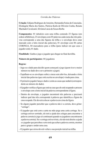 49
Corrida das Palavras
Criação: Edijane Rodrigues deAmorim, Hernandia Farias de Conceição,
Elizângela Maria dos Santos, Patrícia Karla de Oliveira Cunha, Renata
Machado Cavalcanti, Silvânia Lúcia de Souza Borba
Componentes: 01 tabuleiro com uma trilha contendo 23 figuras (em
ordem alfabética), 23 envelopes com 03 palavras cada (uma das três pala-
vras corresponde a uma das figuras da trilha e o envelope deve estar
marcado com a letra inicial das palavras), 01 envelope com 06 cartas
CORINGA, 04 marcadores para a trilha (para indicar em que casa o
jogador está), 01 dado.
Finalidade: Ganha o jogo o jogador que chegar no final da trilha.
Número de participantes: 04 jogadores
Regras:
– Joga-se o dado para decidir quem começará o jogo (quem tiver o maior
número no dado deve ser o primeiro a jogar).
– Espalham-se os envelopes sobre a mesa sem abri-los, deixando a letra
inicial das palavras (que está escrita no envelope) virada para cima.
– O primeiro jogador lança o dado e conta as casas que andará (correspon-
dente ao número do dado).
–Ojogadorverificaafiguraqueestánacasaqueeleestáocupandoeprocura
o envelope com a letra inicial da palavra correspondente à figura.
– Dentro do envelope, o jogador encontrará três palavras e precisará
indicar qual das três corresponde à palavra que identifica a figura da
casa ocupada. Ele deverá colocar a palavra em cima da figura.
– Se algum jogador perceber que a palavra não é a correta, deve gritar:
“coringa”.
– O jogador que está com a carta na mão pega uma carta coringa. Se o
coringa estiver sorrindo, ele terá a ajuda dos colegas para encontrar a
palavra correta (o jogo só continuará quando os jogadores encontrarem
a palavra correta). Se o coringa estiver triste, ele não terá direito a ajuda
e o jogador que percebeu o erro terá que achar a palavra correta, mostrar
para o grupo e andar uma casa.
– O jogador que errou deverá voltar a sua posição inicial na trilha.
Guia Alfabetização apropriação do sistema de escrita0507finalgrafica.pmd 23/6/2009, 15:2649
 