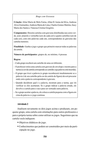 50
Atividade2
Analisem novamente os dois jogos acima e produzam, em pe-
queno grupo, uma cartela com orientações para outros professores e
para a própria turma sobre como utilizar os jogos. Sugerimos que na
cartela vocês indiquem:
Objetivos didáticos do jogo.
Conhecimentos que podem ser construídos por meio da parti-
cipação no jogo.
Bingo com Gravuras
Criação: Aline Maria de Melo Farias, Allan D. Izaias da Silva, Andresa
Alves Guimarães,Andreza Maria de Lima, Charles Gomes Martins, Iracy
Maria dos Santos e Vanessa Cristina Gregório.
Componentes: Dezoito cartelas com gravuras distribuídas nas cores ver-
de, azul, amarelo e vermelho (seis de cada cor) e quatro cartelões (um de
cada cor), com oito palavras cada um, correspondentes às gravuras das
cartelas menores.
Finalidade: Ganha o jogo o grupo que primeiro marcar todas as palavras
da cartela.
Número de participantes: grupos de, no mínimo, 4 pessoas
Regras:
– Cada grupo receberá um cartelão de uma cor diferente.
– O professor retira uma cartela com gravura do envelope e mostra para a
turma (a cor da cartela corresponde ao cartelão cuja palavra está inserida).
– O grupo que tiver a palavra (o grupo reconhecerá imediatamente se a
palavra é de seu cartelão pela cor da cartela da figura) deverá procurar
onde está a palavra correspondente à gravura.
– Quando decidirem qual é a palavra, mostram para a turma, que irá
verificar se eles acertaram. Se o grupo indicar a palavra errada, ele
devolve a cartela para o saco para ser sorteada outra palavra.
– Se o grupo acertar a palavra, ele coloca a cartela pequena com a figura em
cima da palavra e o jogo continua.
Guia Alfabetização apropriação do sistema de escrita0507finalgrafica.pmd 23/6/2009, 15:2650
 